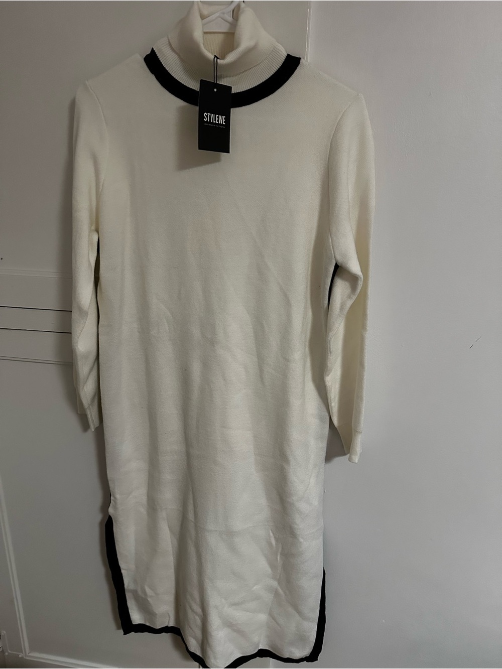 STYLEWE Cream Knit Turtleneck Dress with Black Trim